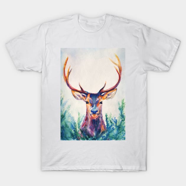 watercolor deer with big antlers T-Shirt by MariDein